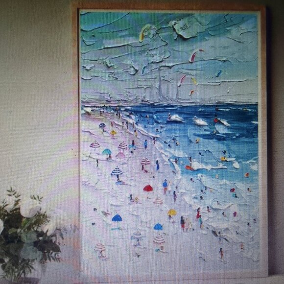 Well-done busy summer beach canvas oil painting framed brand new